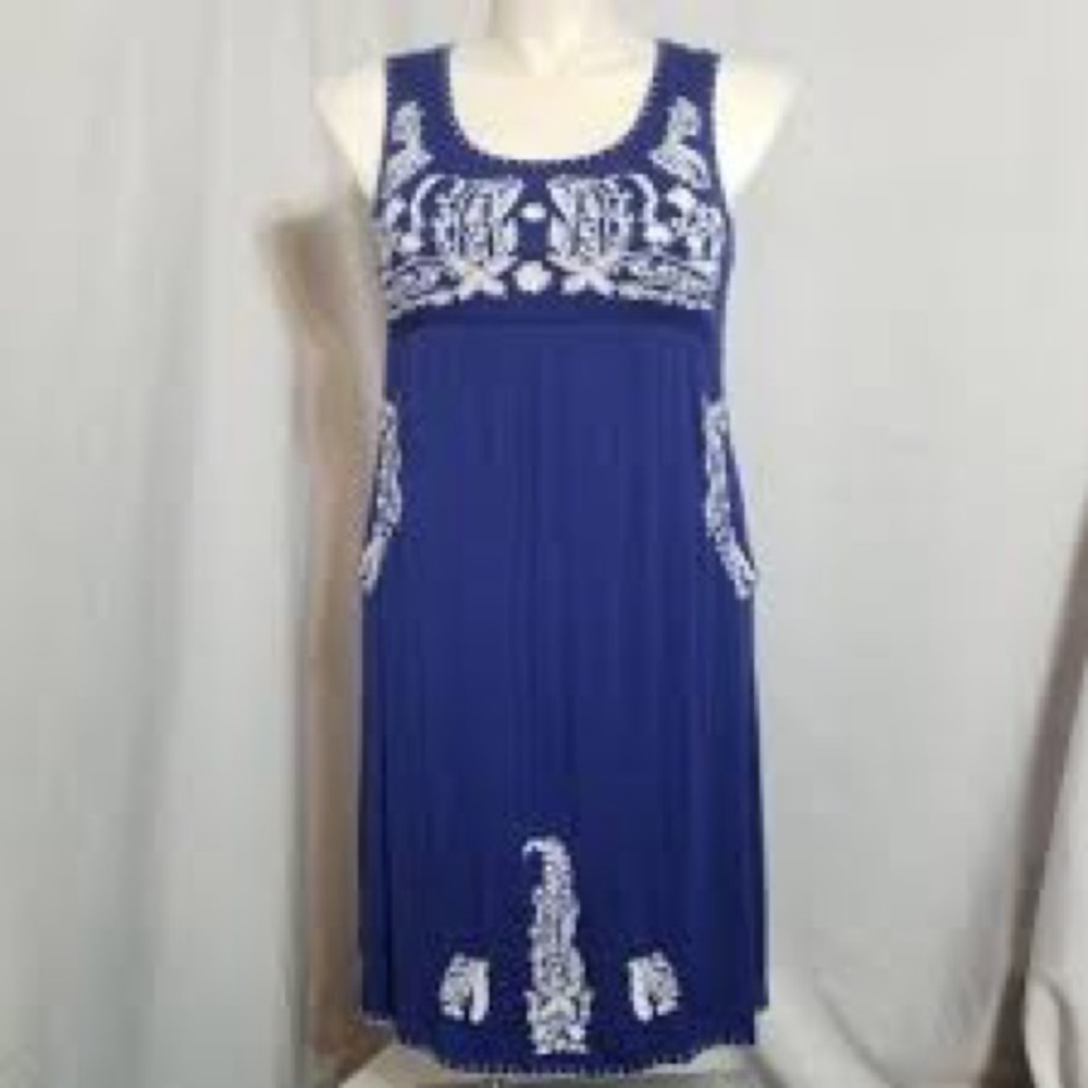 Chelsea & Theodore Petite Women’s Sz PM blue short sleeve dress white embroider